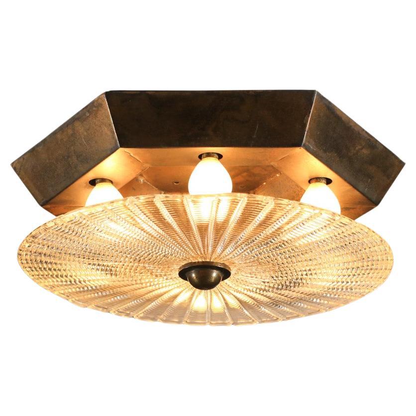 Octagonal Italian ceiling lamp in Murano glass and brass, 1940s