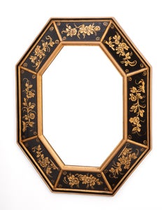 Octagonal Italian Gilt Relief Painted Wood Mirror LaBarge Attributed