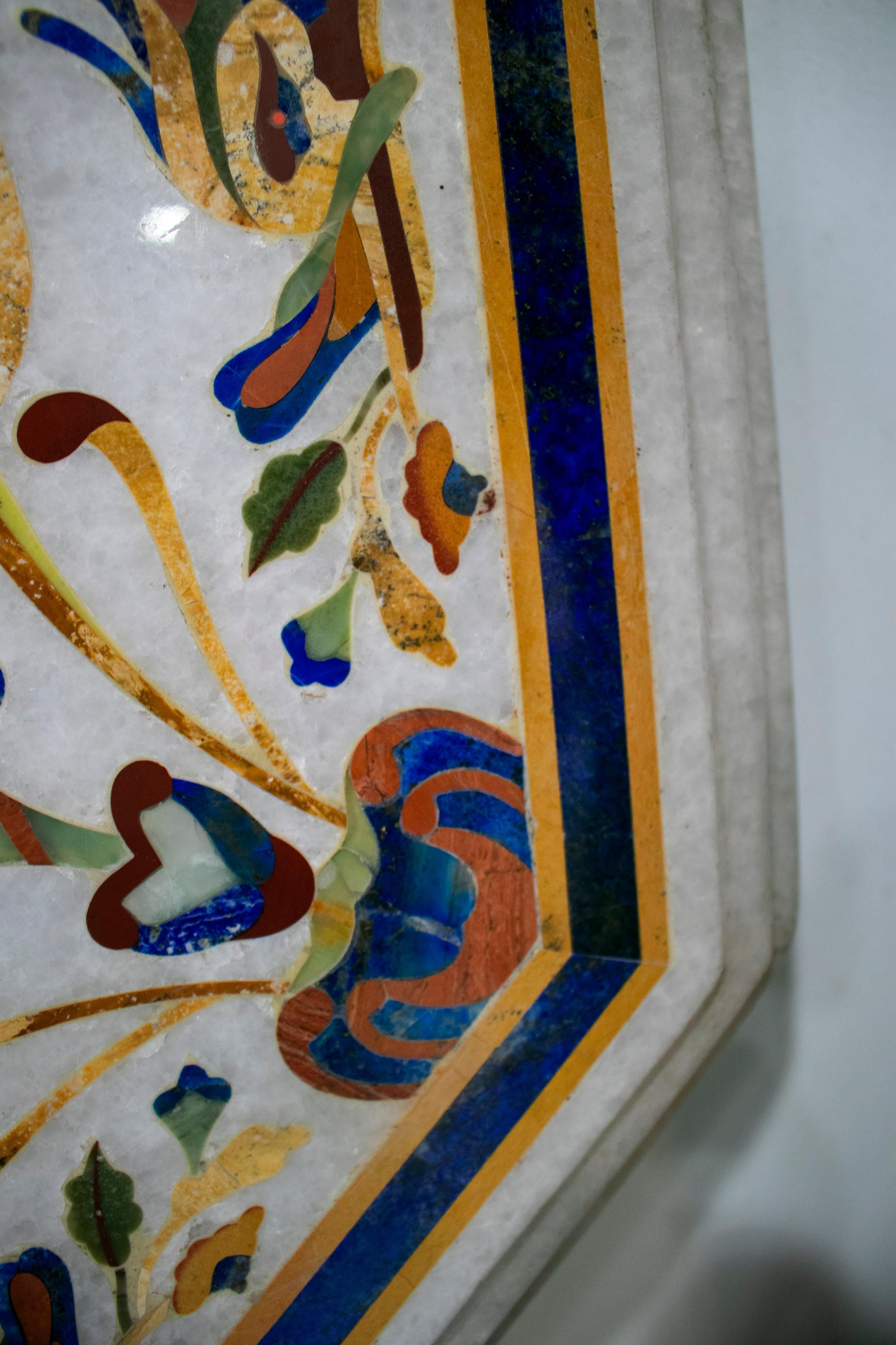 European Octagonal Italian Pietre Dure Mosaic Inlay Carrara White Marble Table Top For Sale