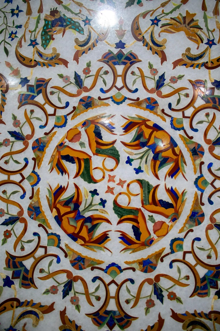 20th Century Octagonal Italian Pietre Dure Mosaic Inlay Carrara White Marble Table Top For Sale