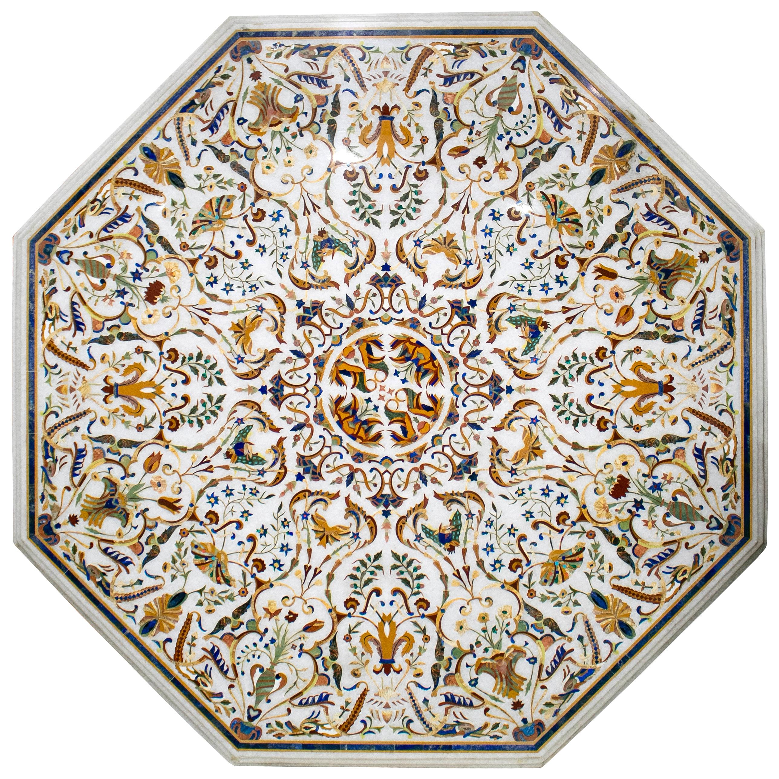 Octagonal Italian Pietre Dure Mosaic Inlay Carrara White Marble Table Top