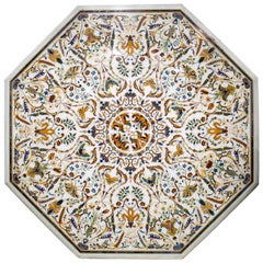 Used Octagonal Italian Pietre Dure Mosaic Inlay Carrara White Marble Table Top