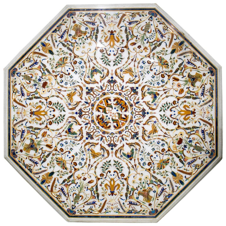 Octagonal Italian Pietre Dure Mosaic Inlay Carrara White Marble Table Top For Sale
