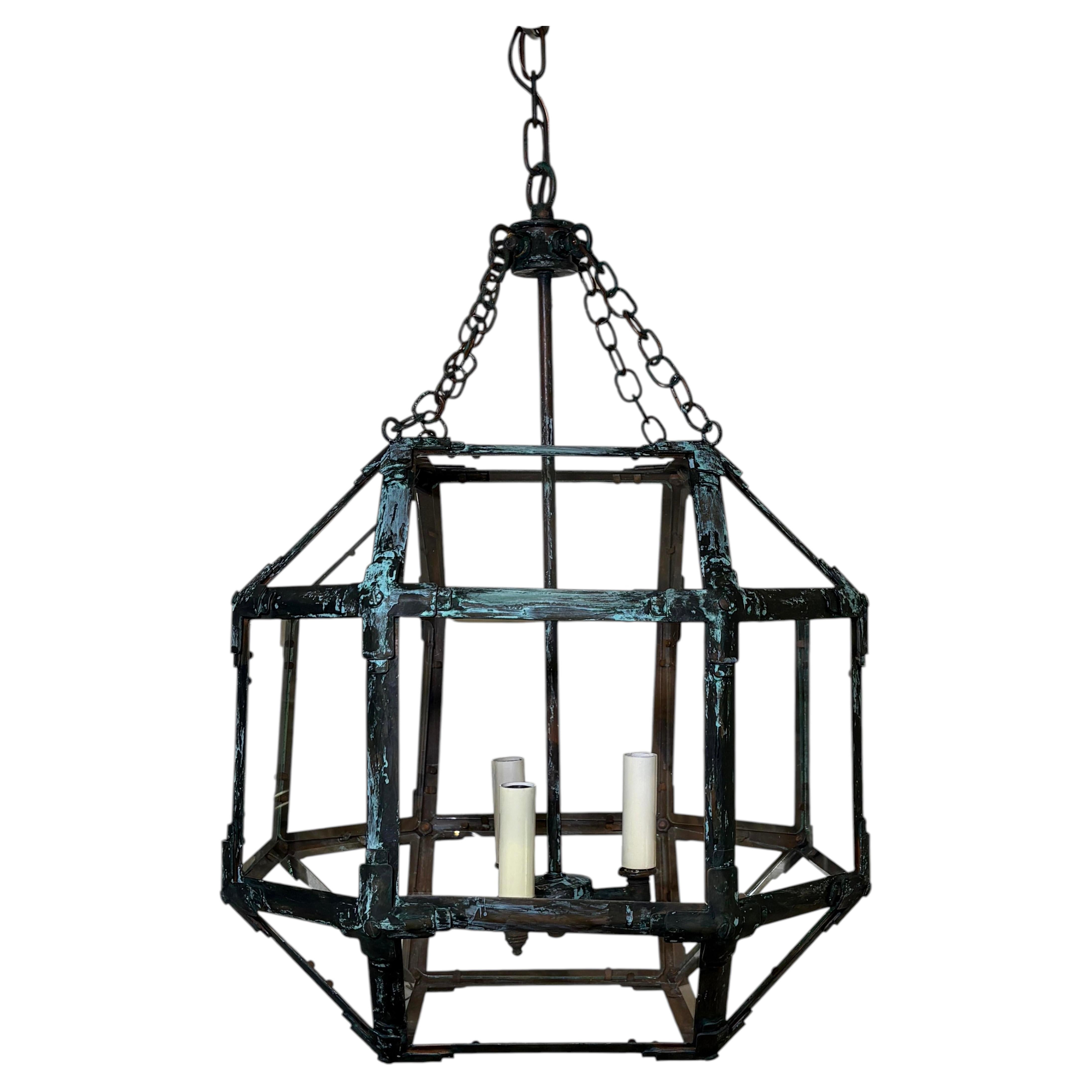 Octagonal Lantern Chandelier with Verdigris Finish For Sale
