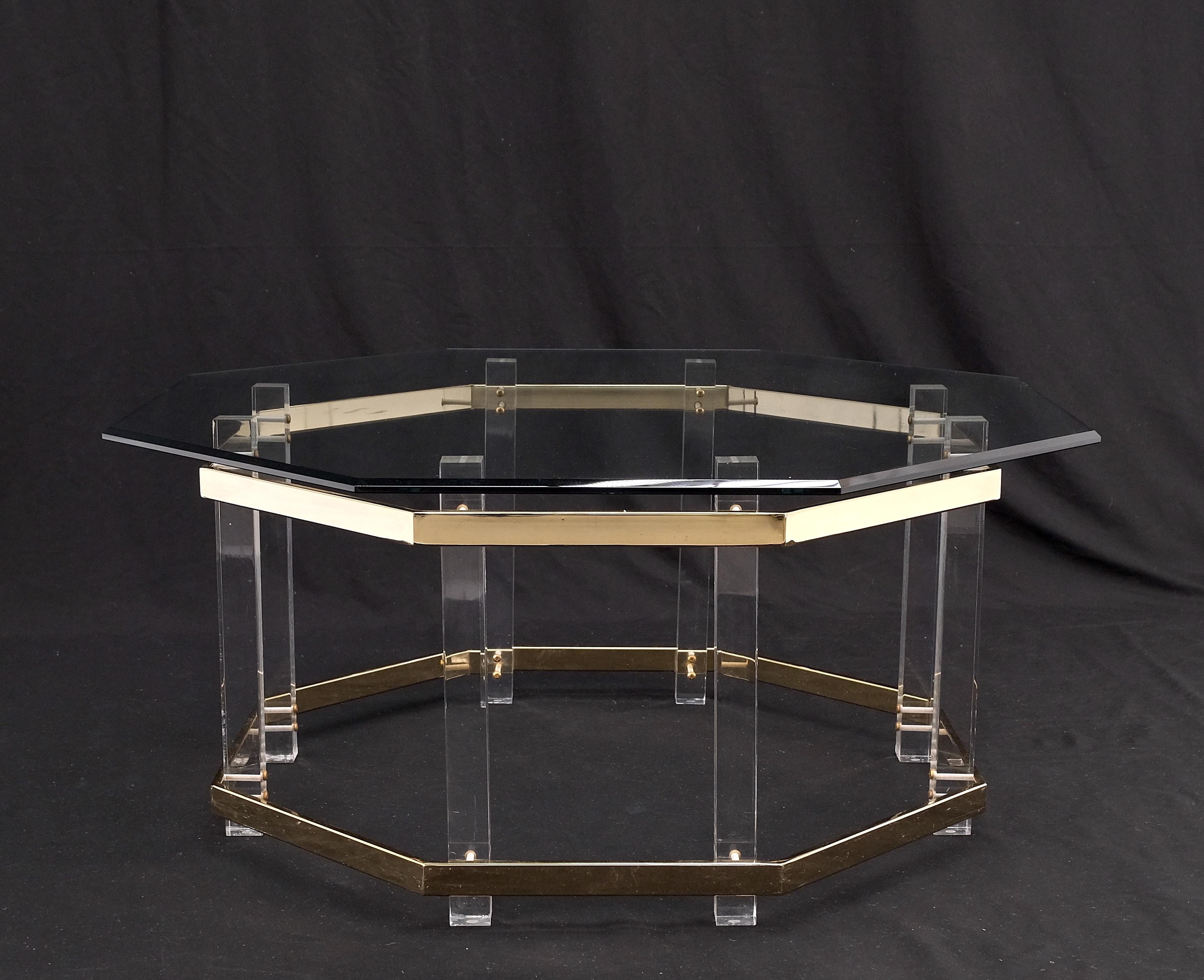 Brass Octagonal Lucite Base Glass Top Mid-Century Modern  Round Coffee Table Mint For Sale