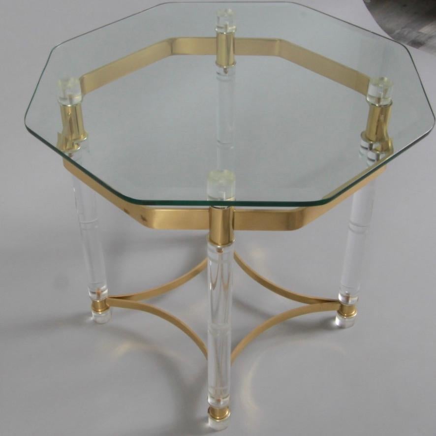 Mid-Century Modern Octagonal Lucite, Brass & Glass Side Table For Sale