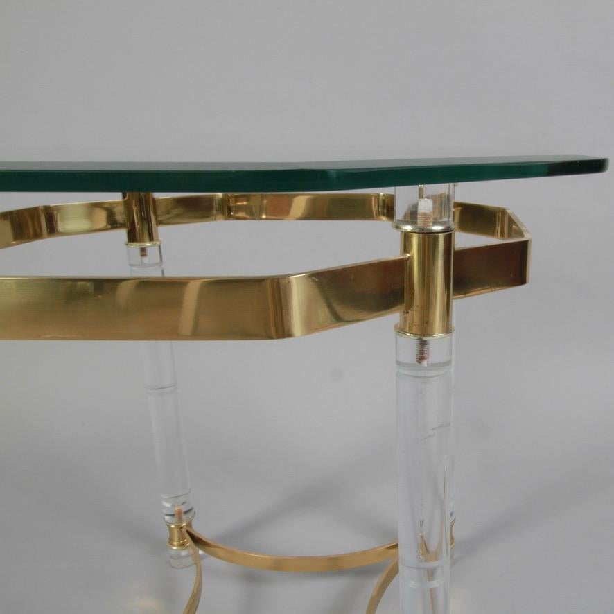 Beveled Octagonal Lucite, Brass & Glass Side Table For Sale