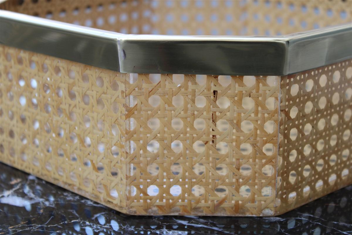 Octagonal lucite tray in straw bowl brass Italian design 1970 Gabriella Crespi style.