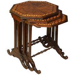 Octagonal Mahogany Nest of 3 Tables with Segmented Yew Wood Tops