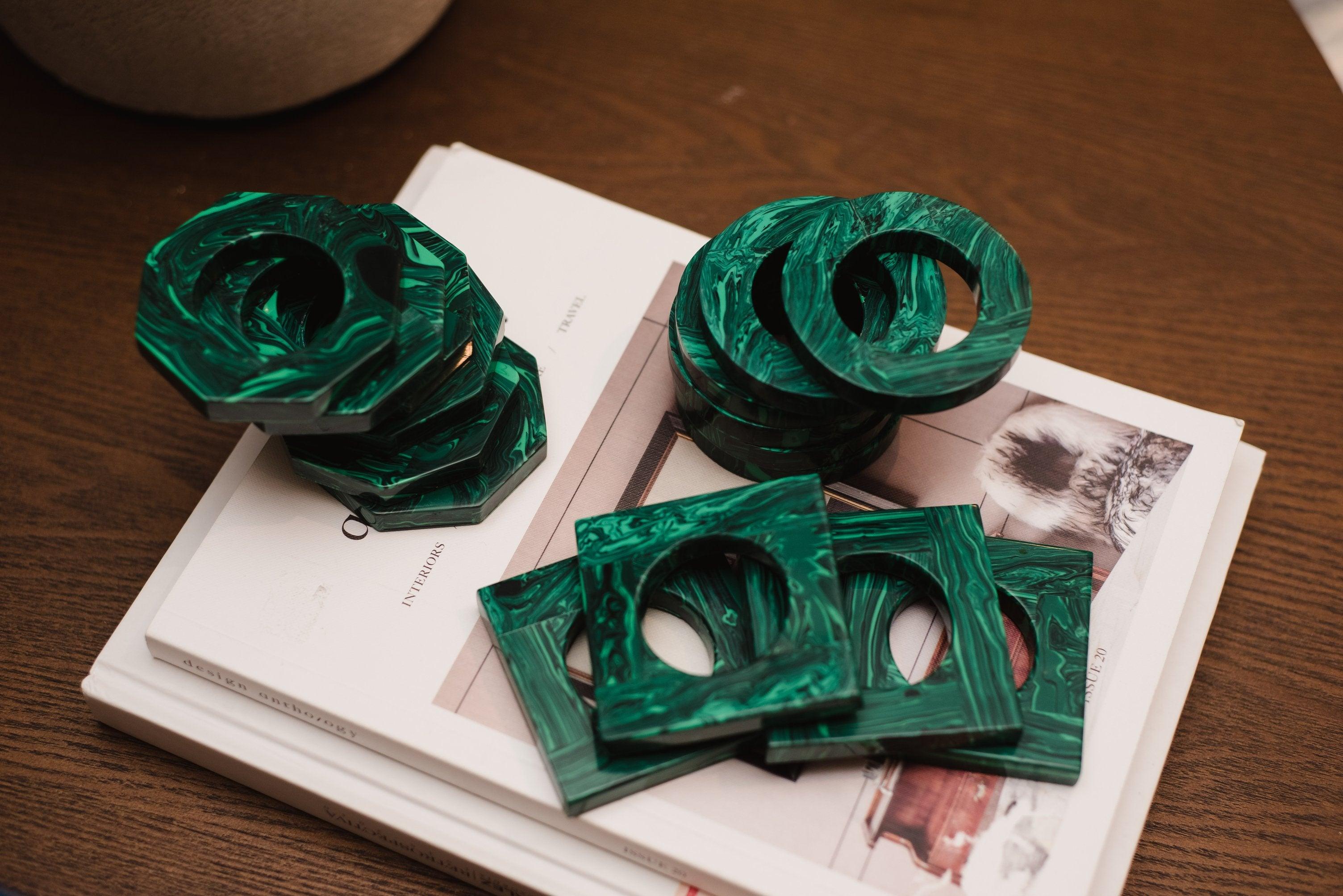Colombian Octagonal Green Malachite Napkin Ring Set of 6 For Sale