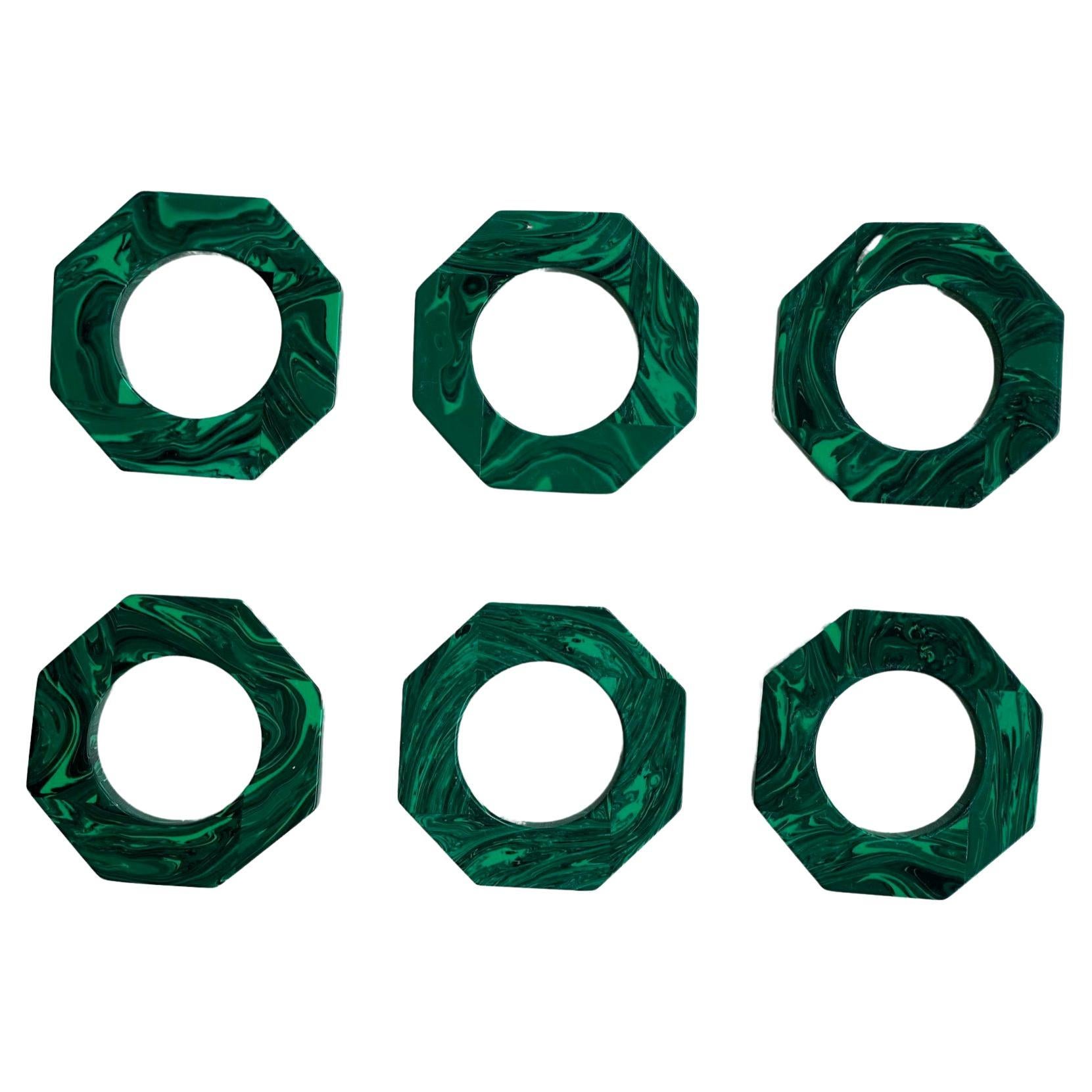 Octagonal Green Malachite Napkin Ring Set of 6 For Sale