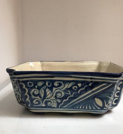 Octagonal Mexican Blue and White Talavera Ceramic Planter Jardiniere Cachepot