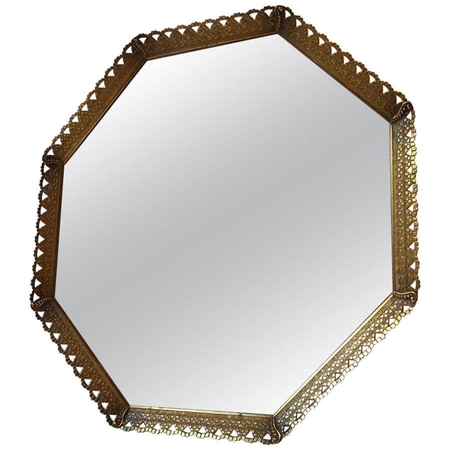 Octagonal Midcentury Danish Vanity Brass Mirror, 1950s For Sale