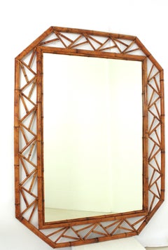 Octagonal Mirror with Geometric Frame in Bamboo, Chinoserie Style, Large Size