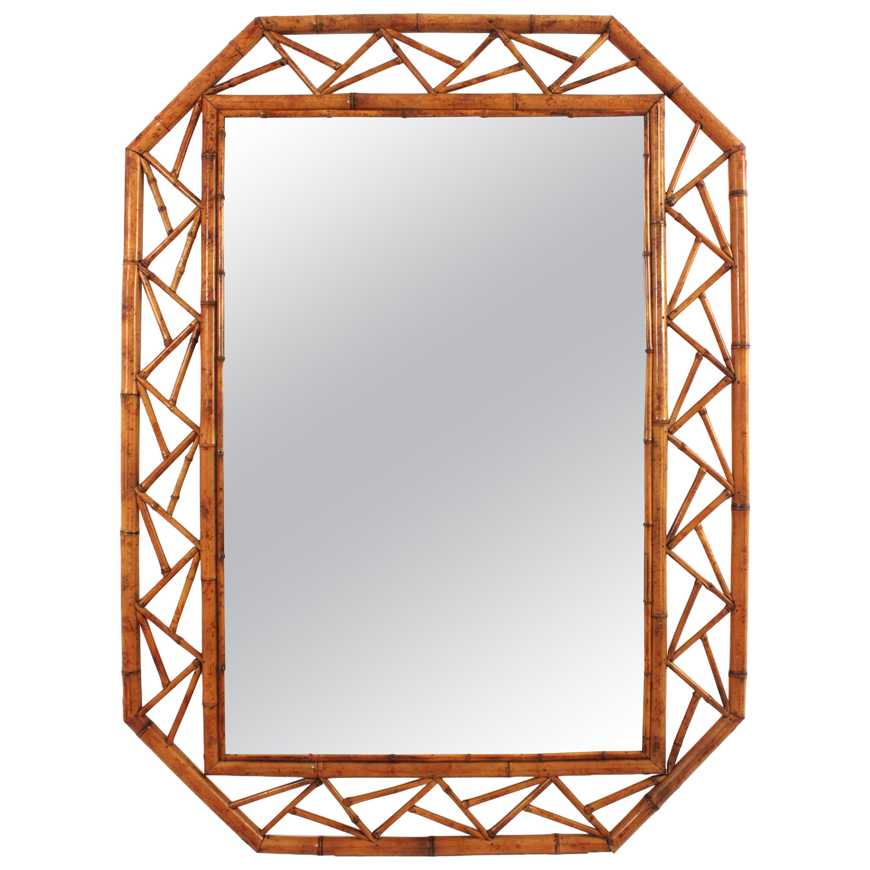 Miroir octogonal avec cadre géométrique en bambou, style Chinoserie, grand format en vente