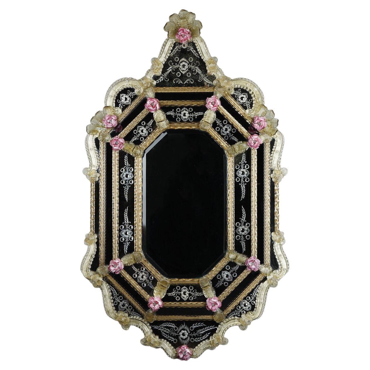 Miroir octogonal avec perles en verre de Murano, début du XXe siècle