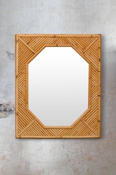 Octagonal Mirror with Rectangular Bamboo Frame Featuring Geometric Patterns