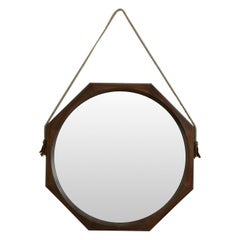 Octagonal mirror with wooden frame and cord detail with leather accents, 1950s