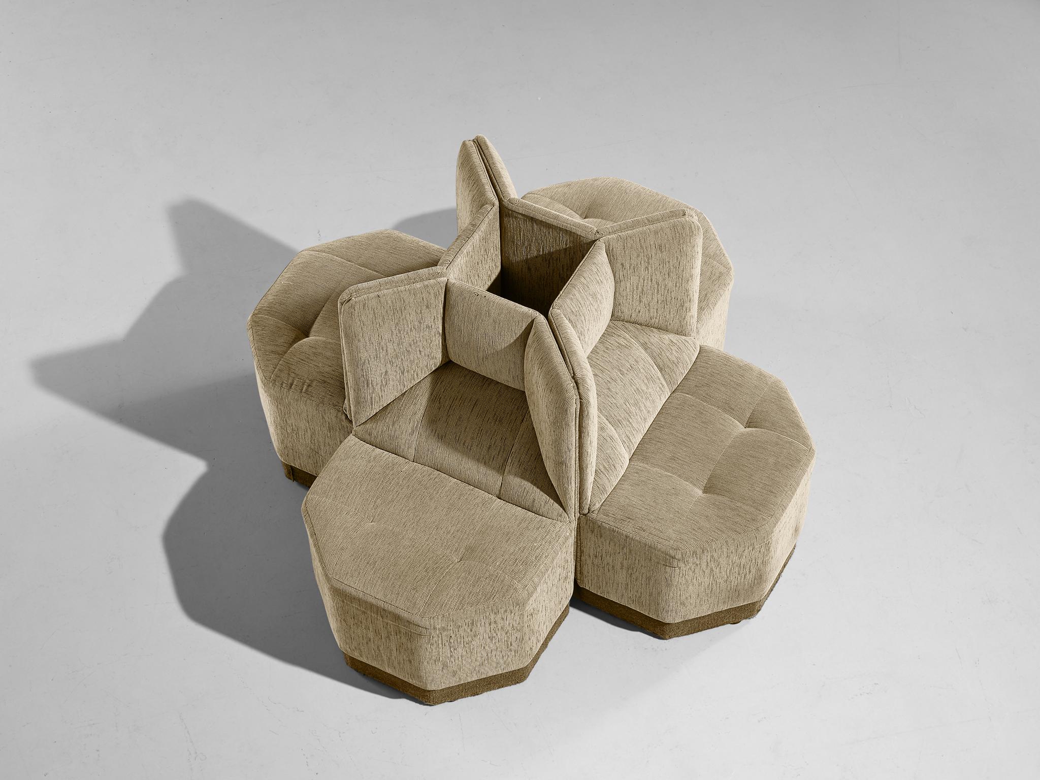 Side chairs, fabric, wood, Europe, 1980s.

Incredible side chairs in unusual shape. Their octagonal shape contributes to the strikingly rare appearance. The backrest follows the geometric form of the base and seat. Due to their sculptural shape, the