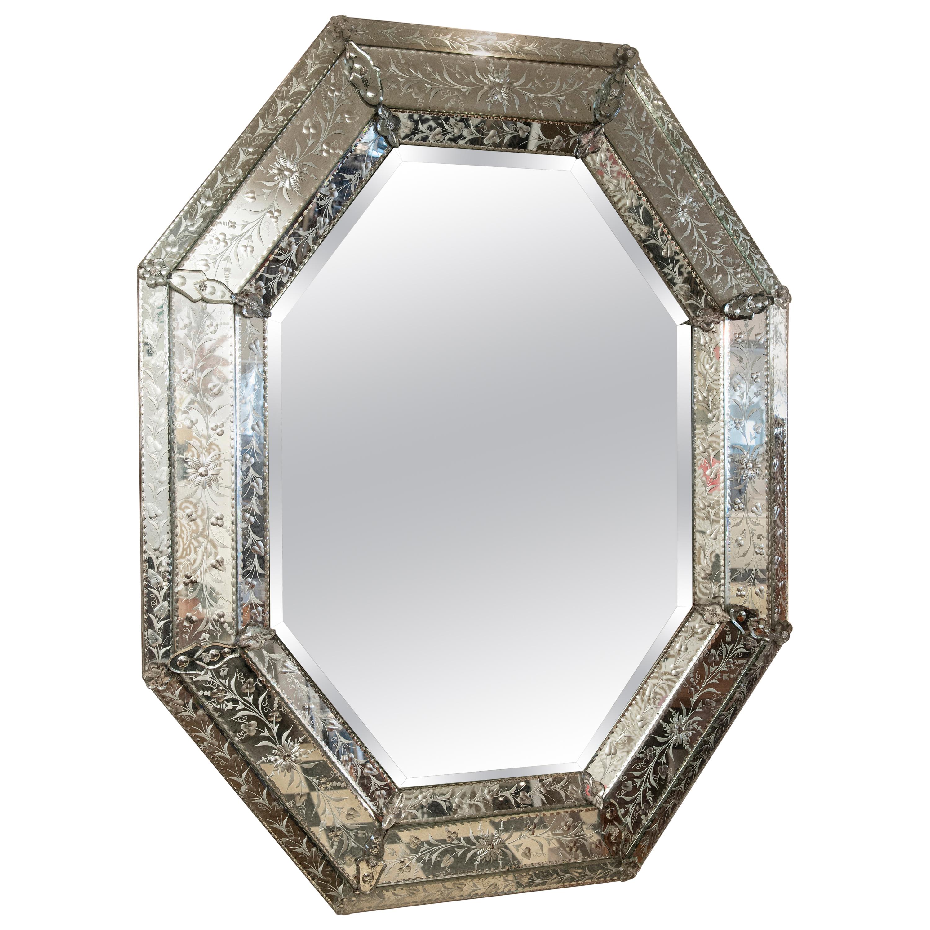 Miroir octogonal en verre de Murano, Italie, début du 20e siècle