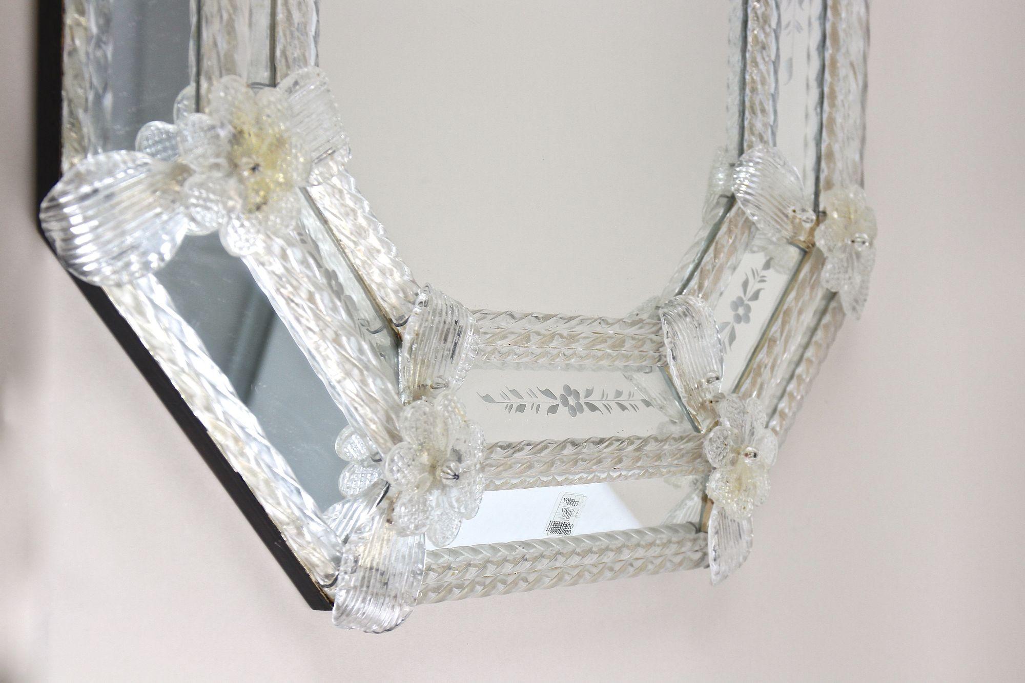 Hand-Crafted Octagonal Murano Glass Mirror With Engravings/Glass Flowers, Signed, IT, 1970s For Sale