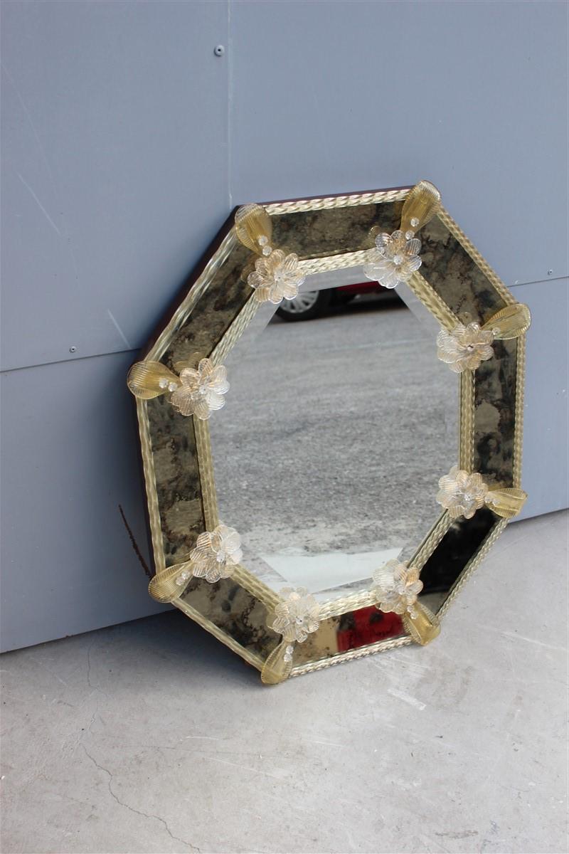 Mid-20th Century Octagonal Murano Glass Mirror with Flowers Mirrors Worked 1950s Italian Design For Sale