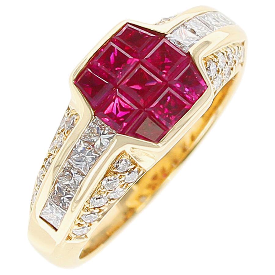 Octagonal Mystery Set Ruby and Diamond Ring, 18 Karat Yellow Gold