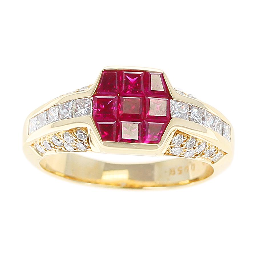 An Octagonal Mystery Set Ruby and Diamond Ring in 18 Karat Yellow Gold. 
Ruby Weight: 1.59 carats, Diamond Weight: 0.59 carats. 
Ring Size US 6. Total Weight: 6.24 grams.