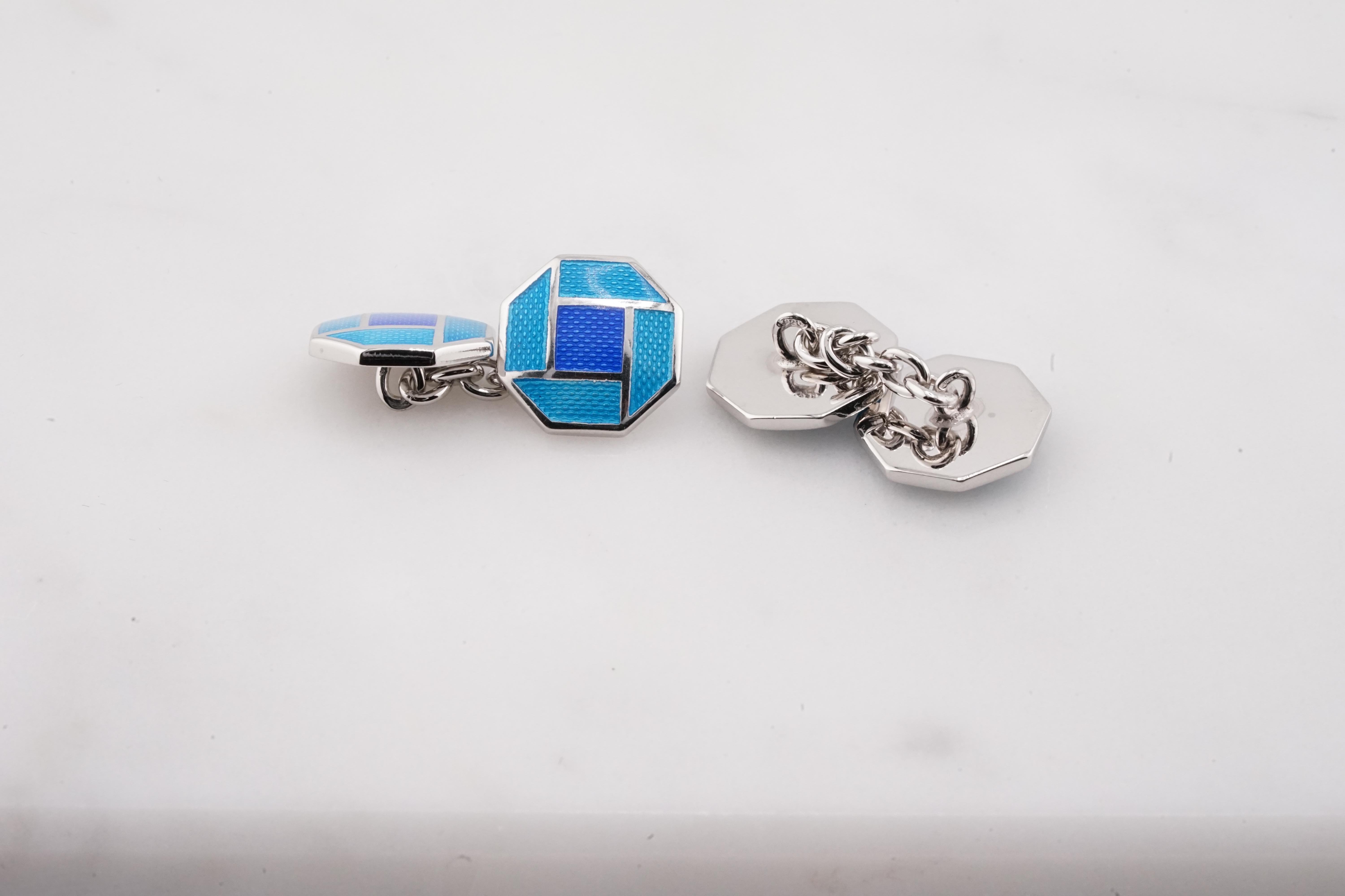 Achteckig Marineblau Azurblau Emaillierte Sterling Silber Manschettenknöpfe Doppelt Achteckig (Zeitgenössisch)