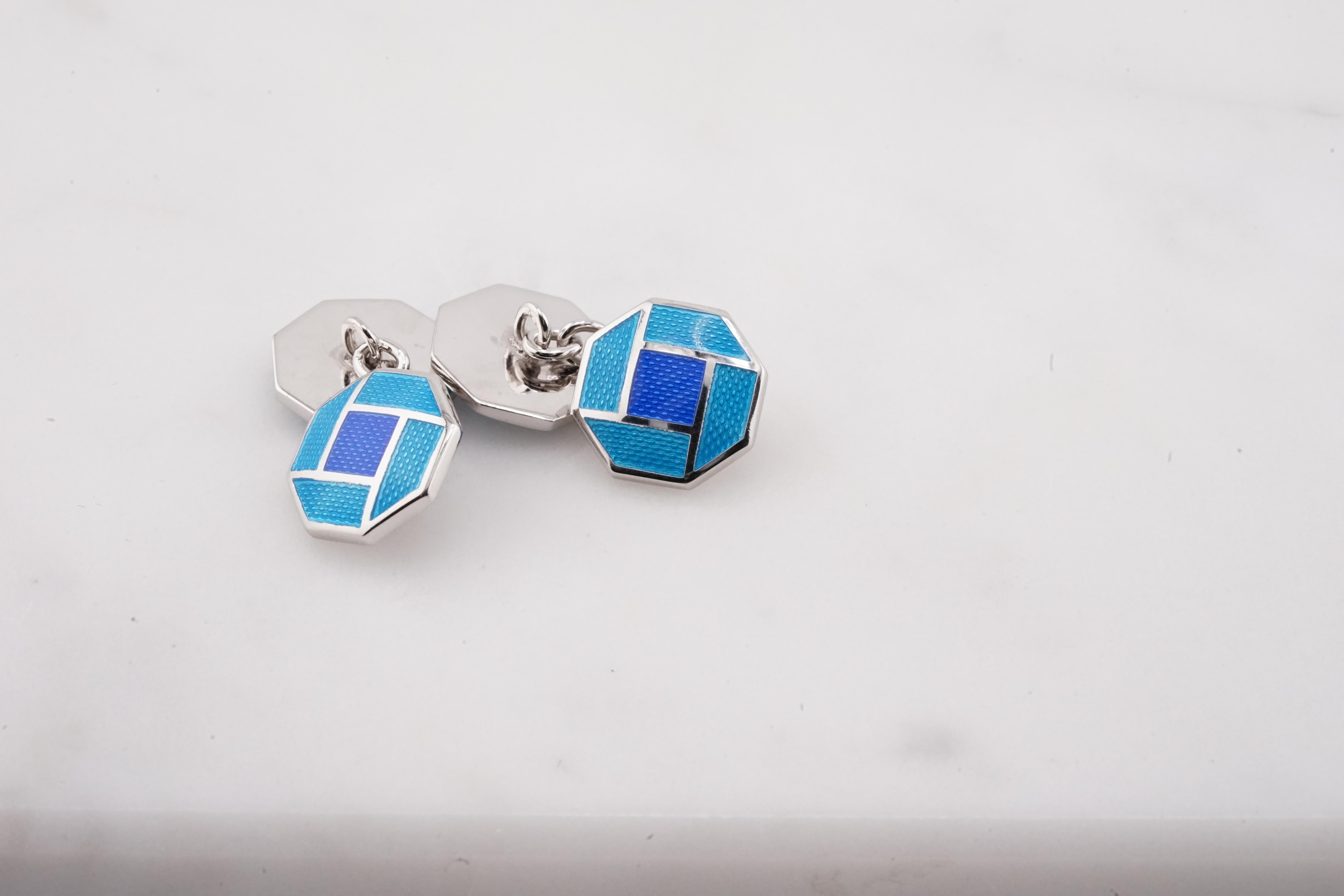 Achteckig Marineblau Azurblau Emaillierte Sterling Silber Manschettenknöpfe Doppelt Achteckig im Zustand „Neu“ in Chicago, IL
