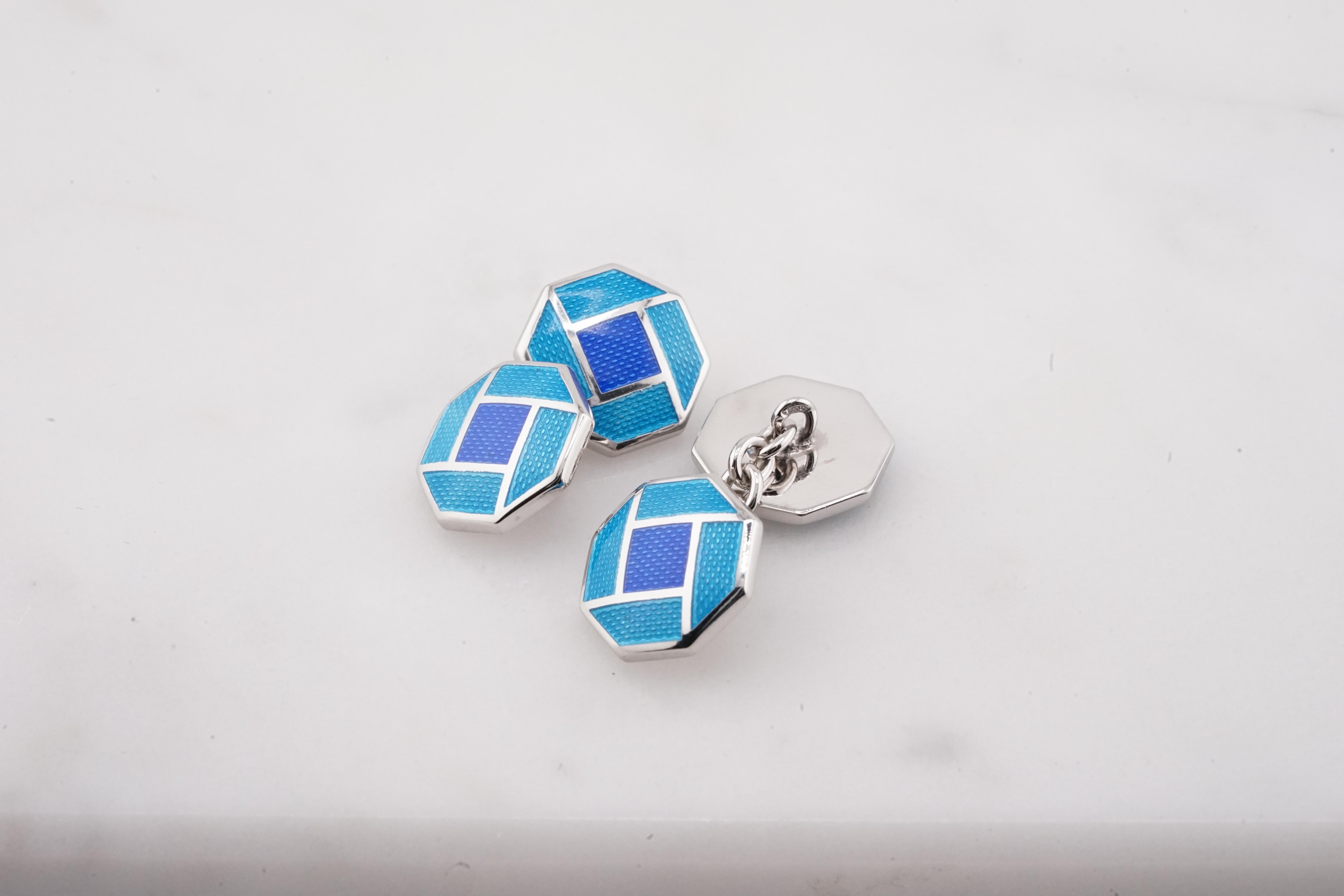 Achteckig Marineblau Azurblau Emaillierte Sterling Silber Manschettenknöpfe Doppelt Achteckig für Damen oder Herren