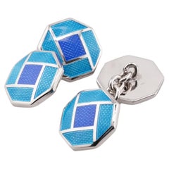 Achteckig Marineblau Azurblau Emaillierte Sterling Silber Manschettenknöpfe Doppelt Achteckig