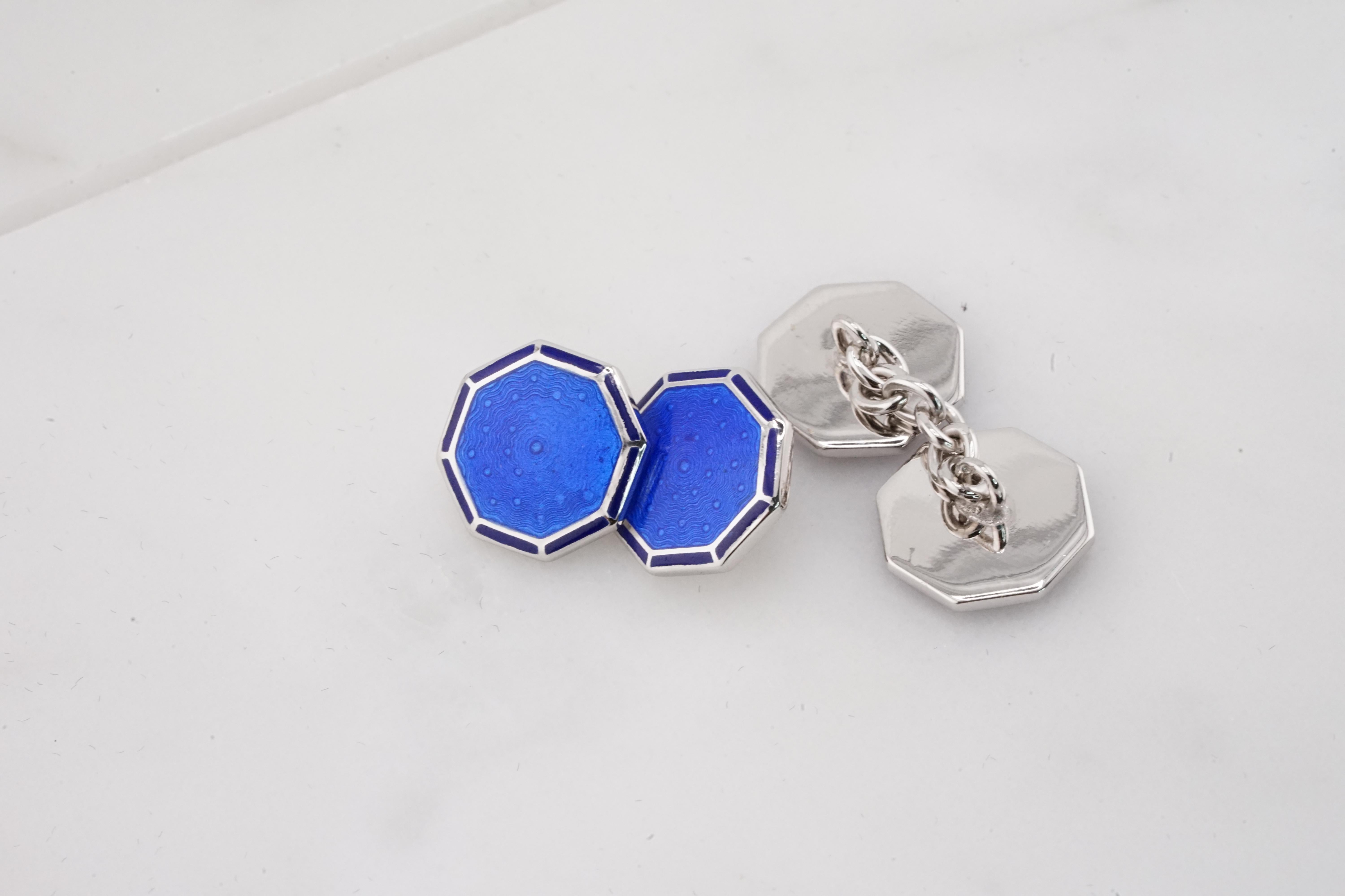 Gemelos octogonales de plata de ley esmaltados en azul marino y verde con fondo redondeado 1