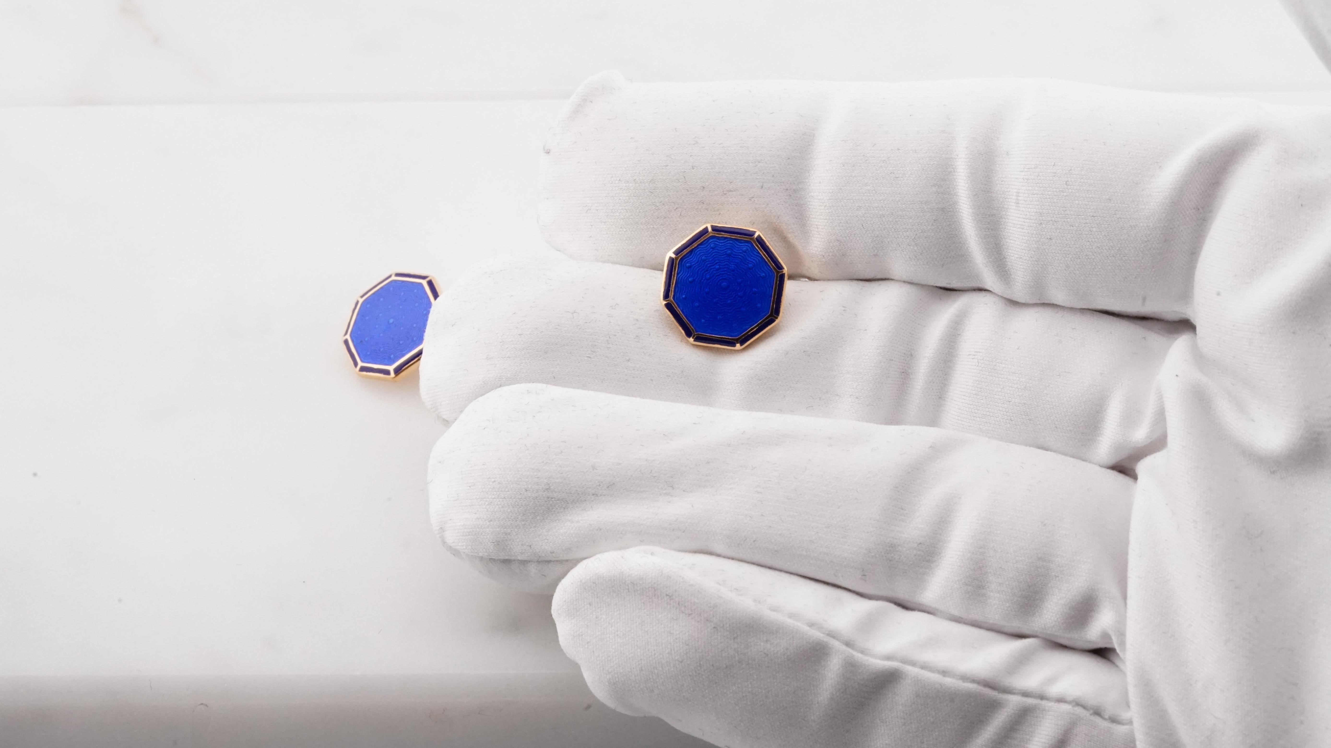 Gemelos octogonales de plata de ley esmaltados en azul marino y verde con fondo redondeado 4