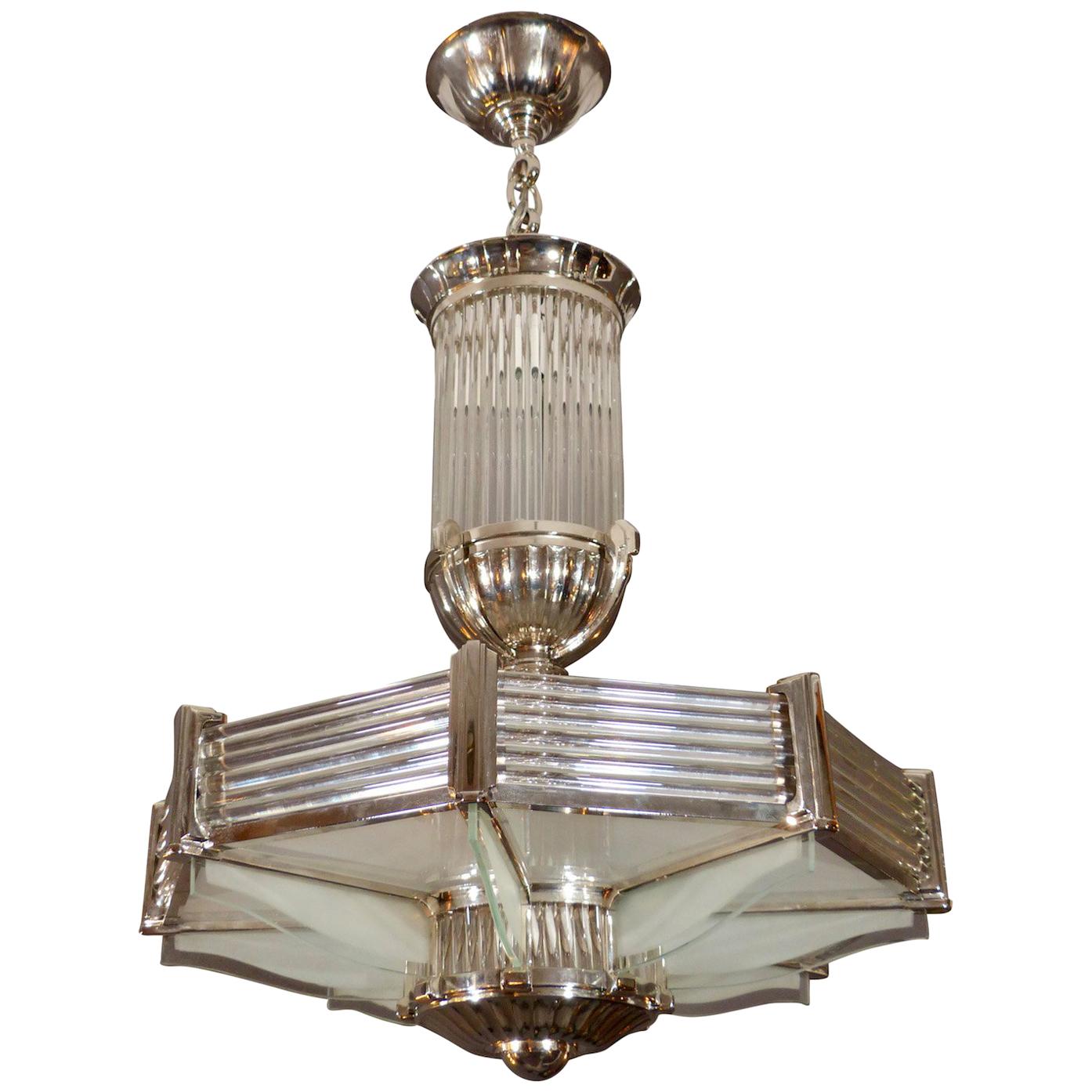 Octagonal Nickeled Art Deco Ceiling Lamp from Petitot, France, 1930s For Sale