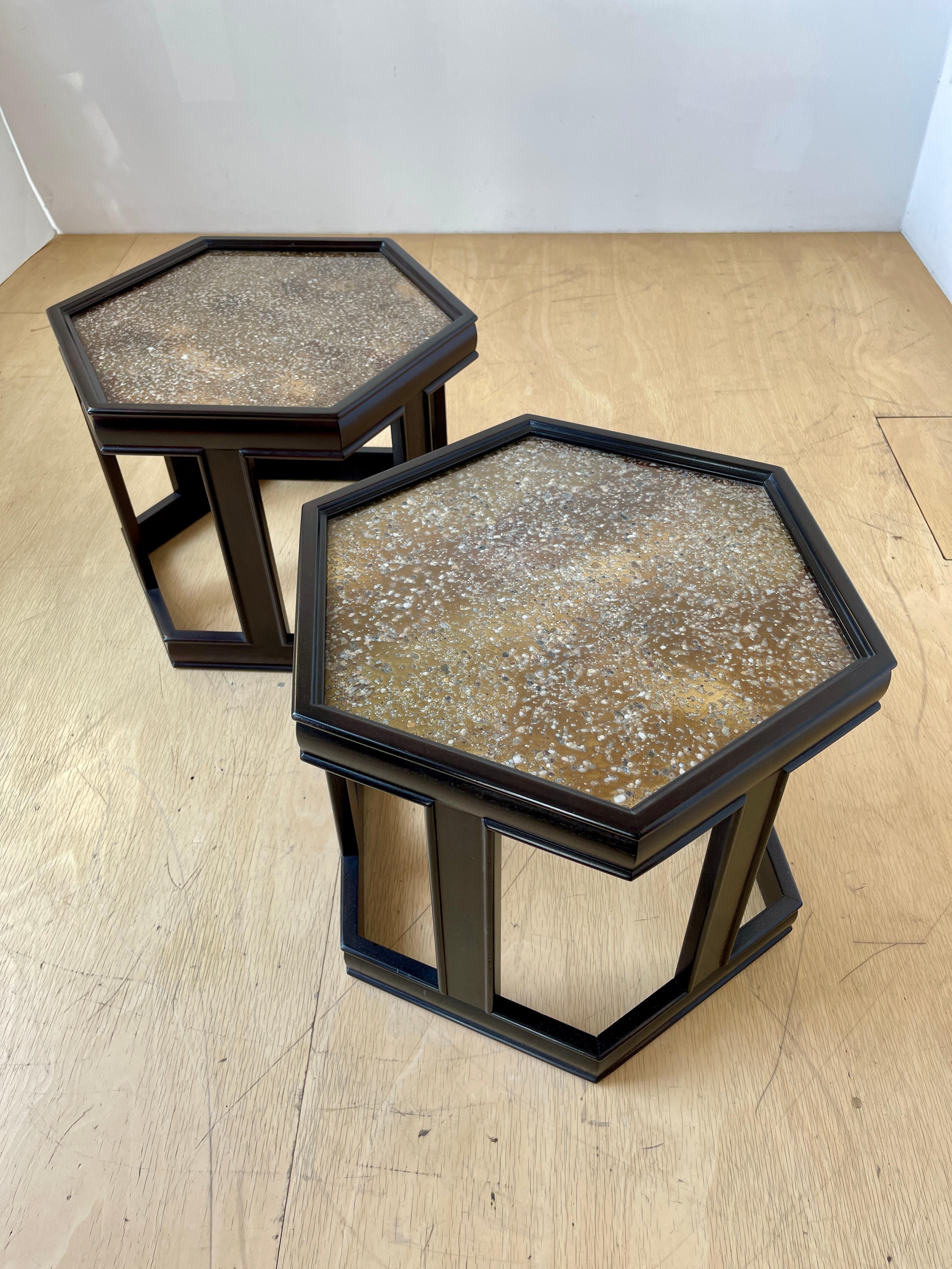  Sold as a set. Priced $900 each. Only two are available.

Octagonal occasional tables by John Keal for Brown Saltman. Lacquered wood (dark espresso) with smooth glass tops. Reverse painting on glass creates an organic, golden, pebbled effect. (See