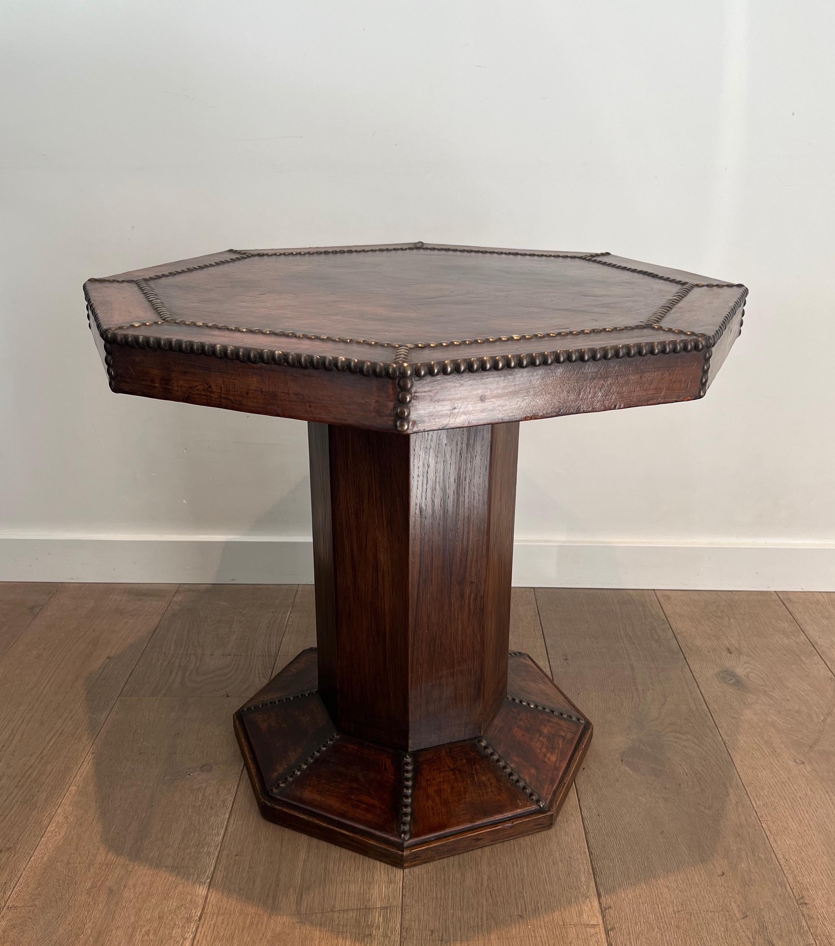 Octagonal Pedestal Gueridon made of Oak and Leather Studded with Large Round-Hea 5