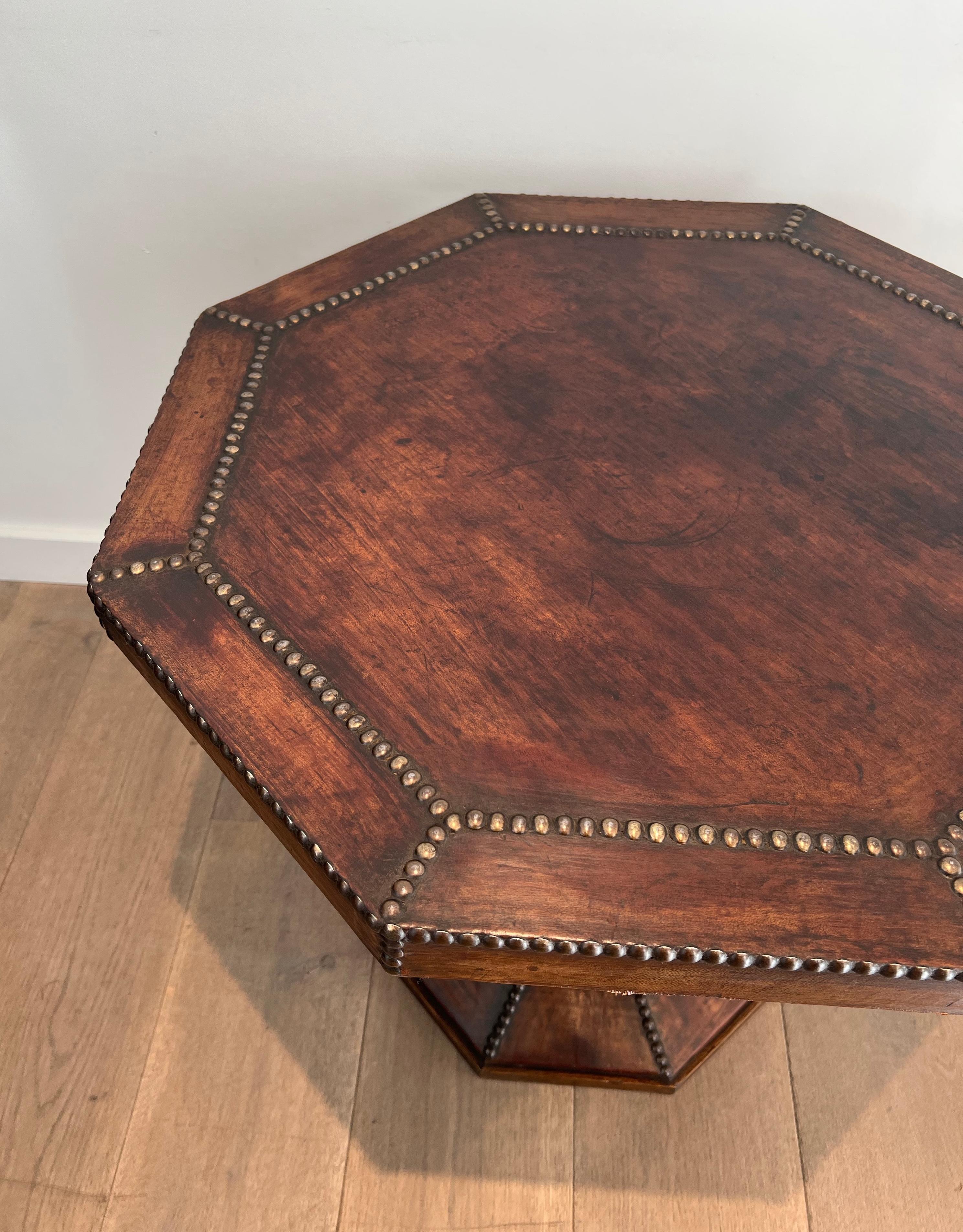 Octagonal Pedestal Gueridon made of Oak and Leather Studded with Large Round-Hea 6