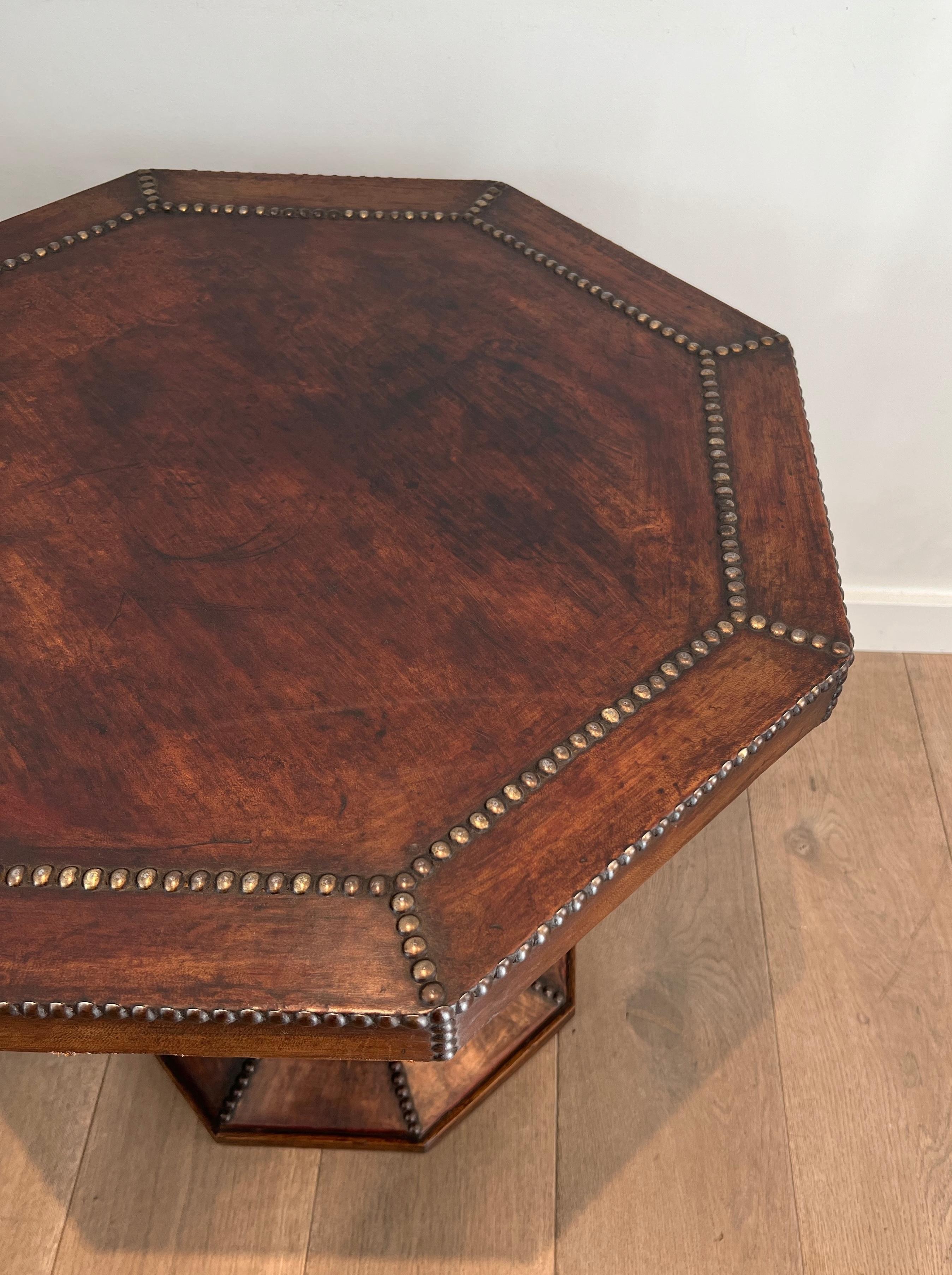 Octagonal Pedestal Gueridon made of Oak and Leather Studded with Large Round-Hea 7