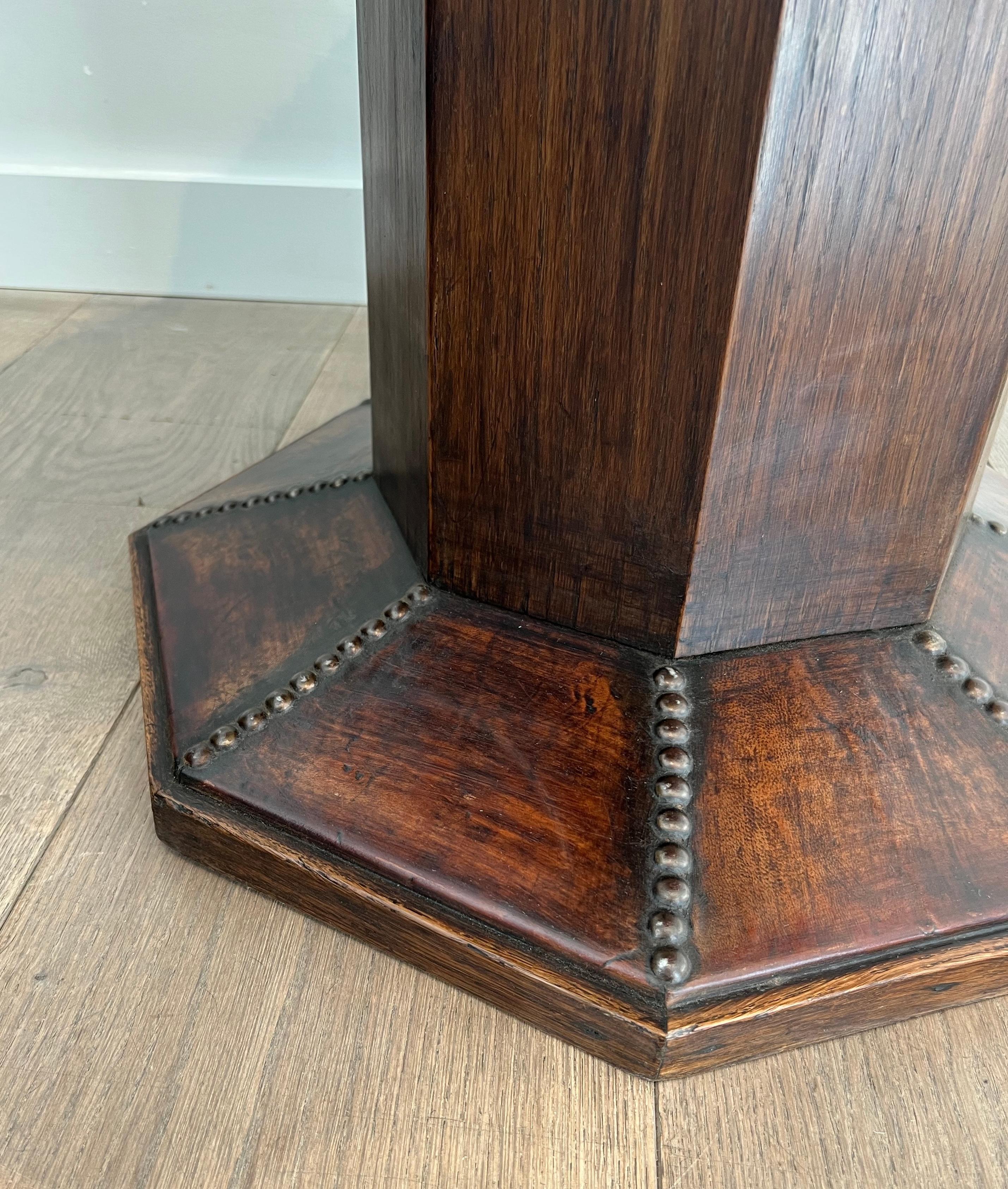Octagonal Pedestal Gueridon made of Oak and Leather Studded with Large Round-Hea 8