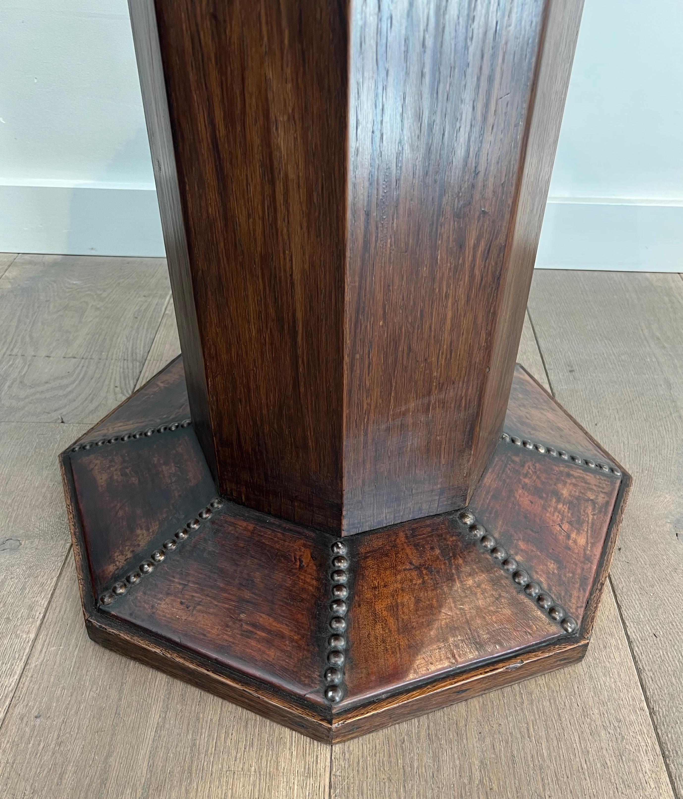 Octagonal Pedestal Gueridon made of Oak and Leather Studded with Large Round-Hea 9