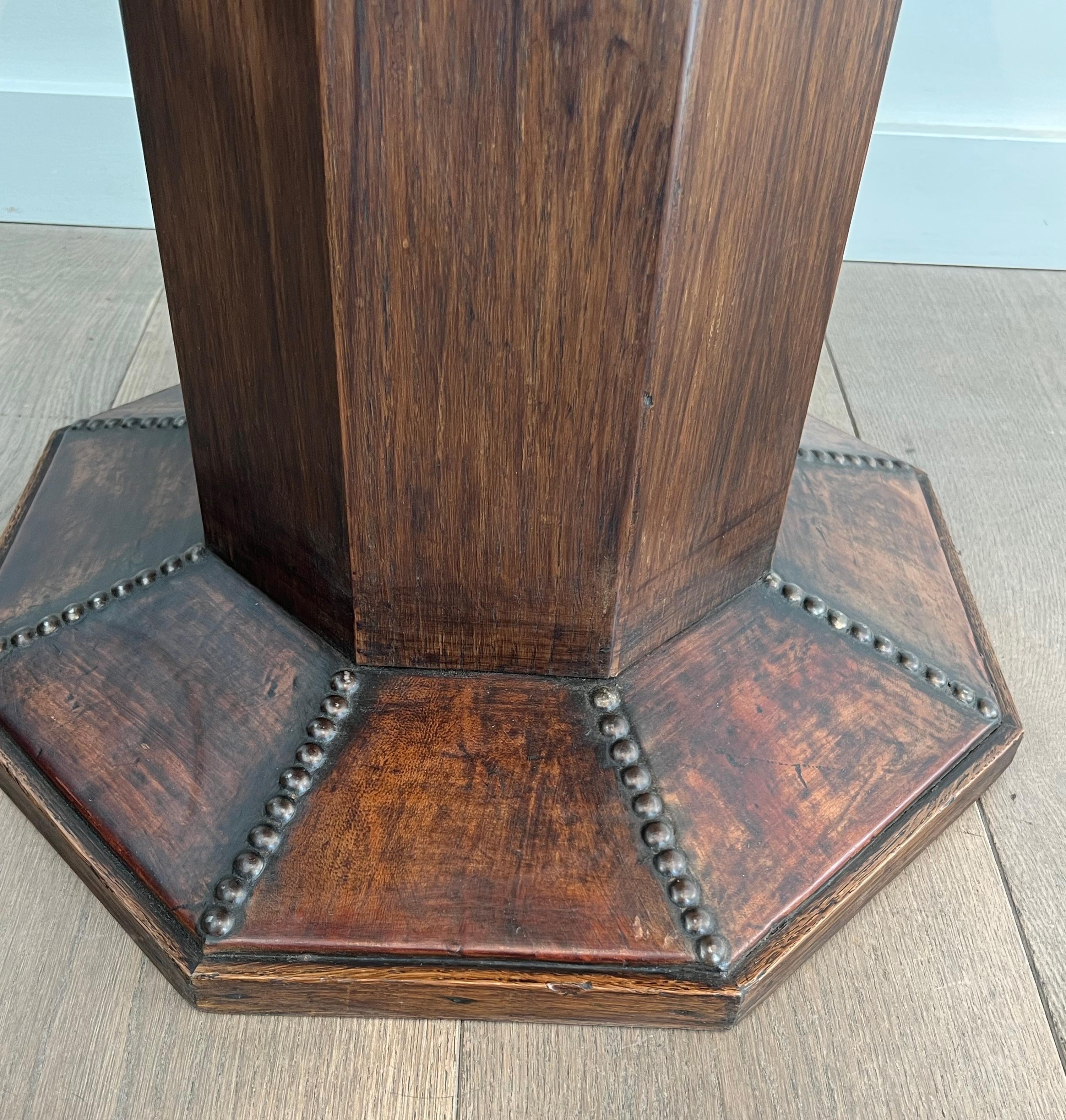 Octagonal Pedestal Gueridon made of Oak and Leather Studded with Large Round-Hea 10
