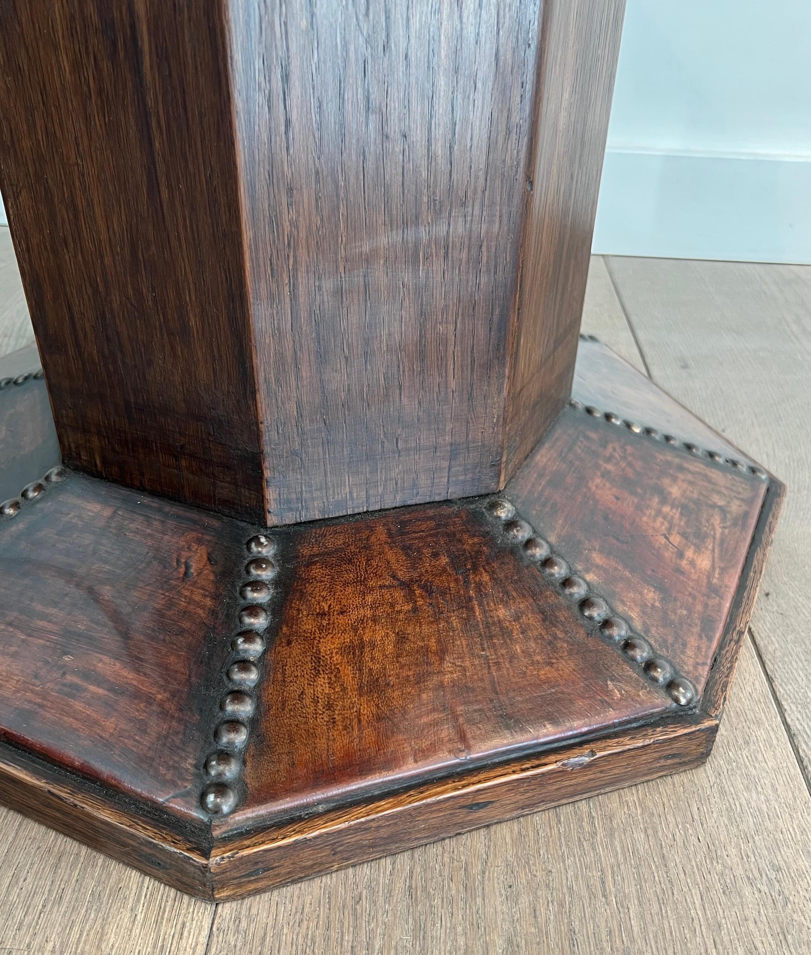 Octagonal Pedestal Gueridon made of Oak and Leather Studded with Large Round-Hea 11