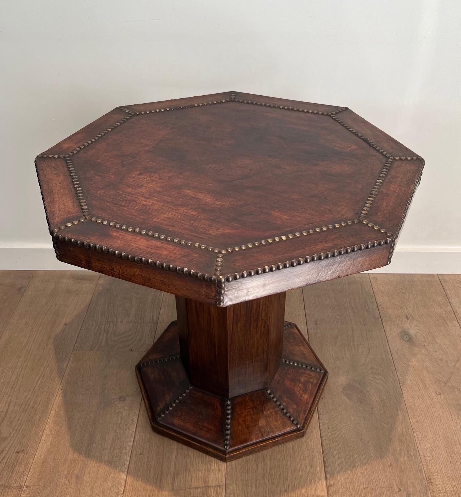 Octagonal Pedestal Gueridon made of Oak and Leather Studded with Large Round-Hea 13