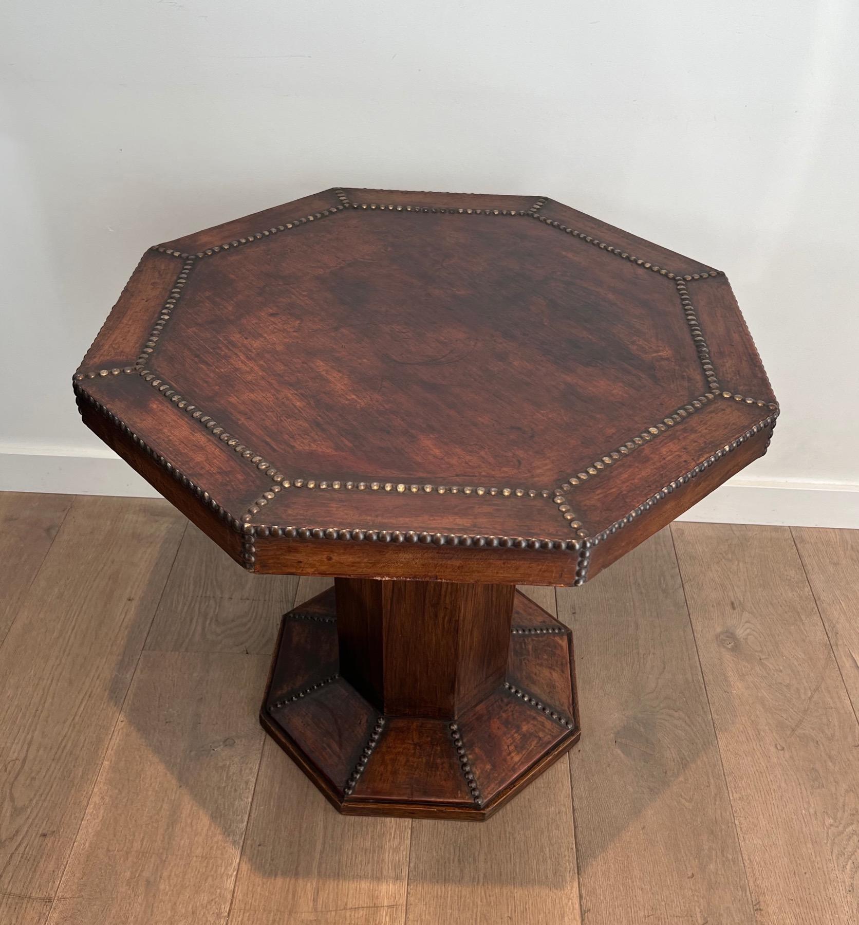 Octagonal Pedestal Gueridon made of Oak and Leather Studded with Large Round-Hea 14