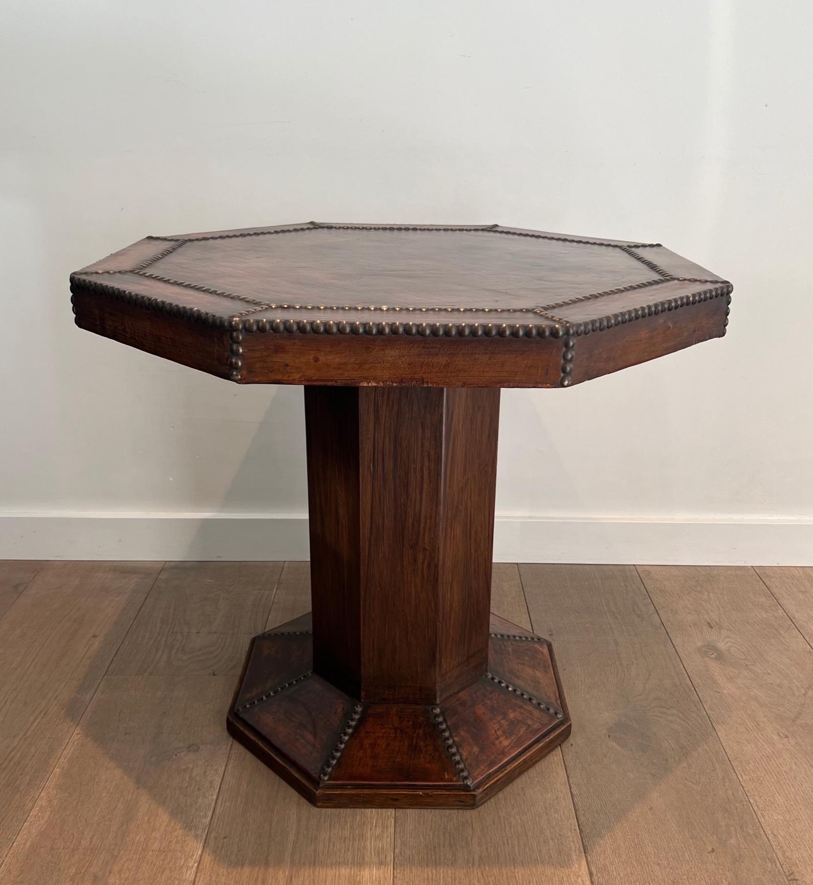 Art Nouveau Octagonal Pedestal Gueridon made of Oak and Leather Studded with Large Round-Hea