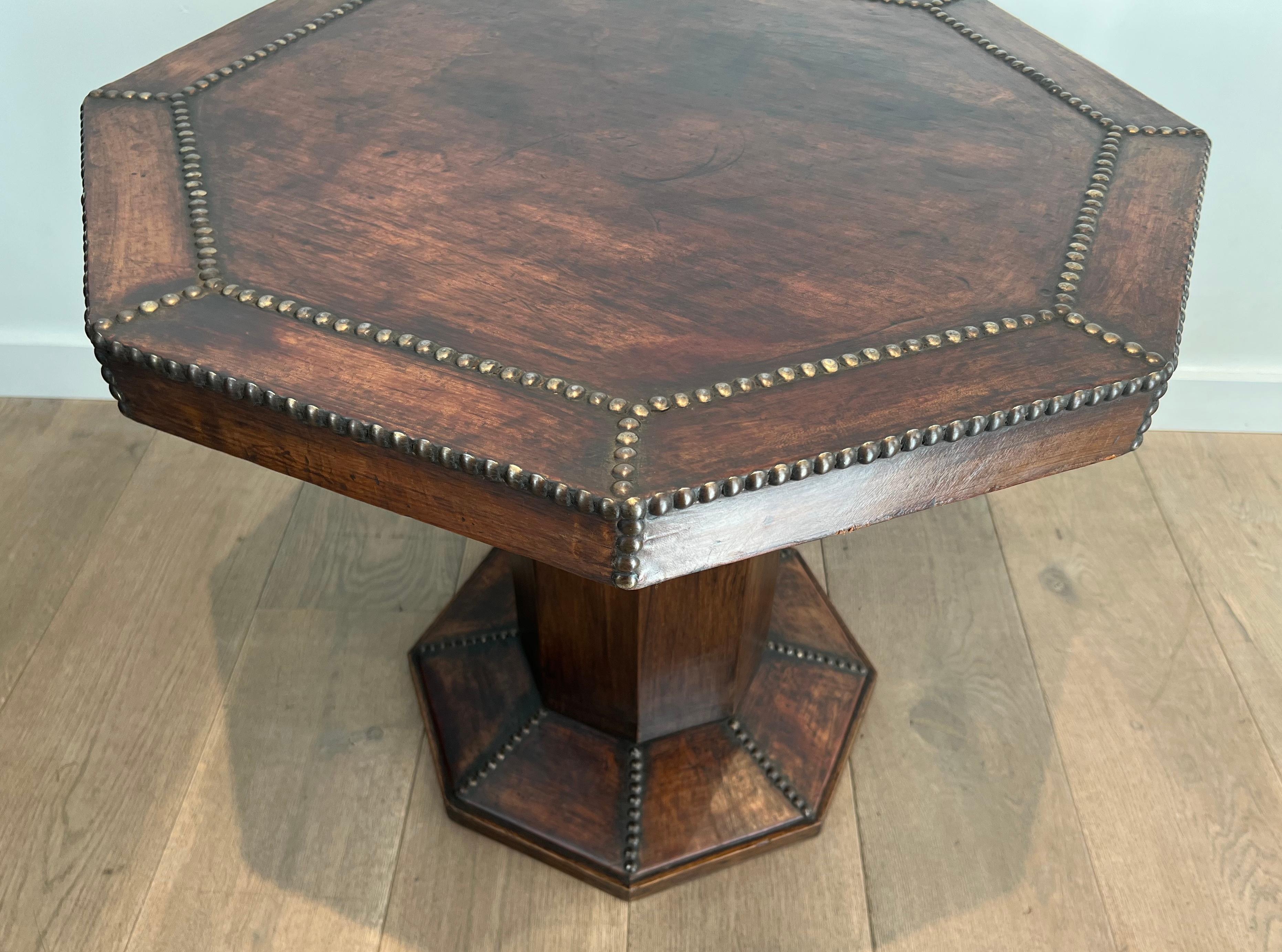 Octagonal Pedestal Gueridon made of Oak and Leather Studded with Large Round-Hea 1