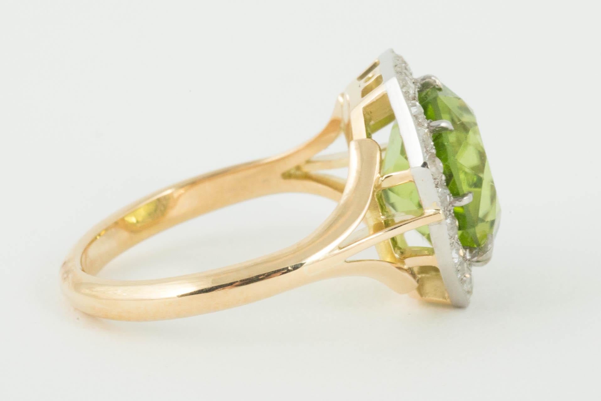 Post-War Octagonal Peridot and Diamond Cluster Ring For Sale