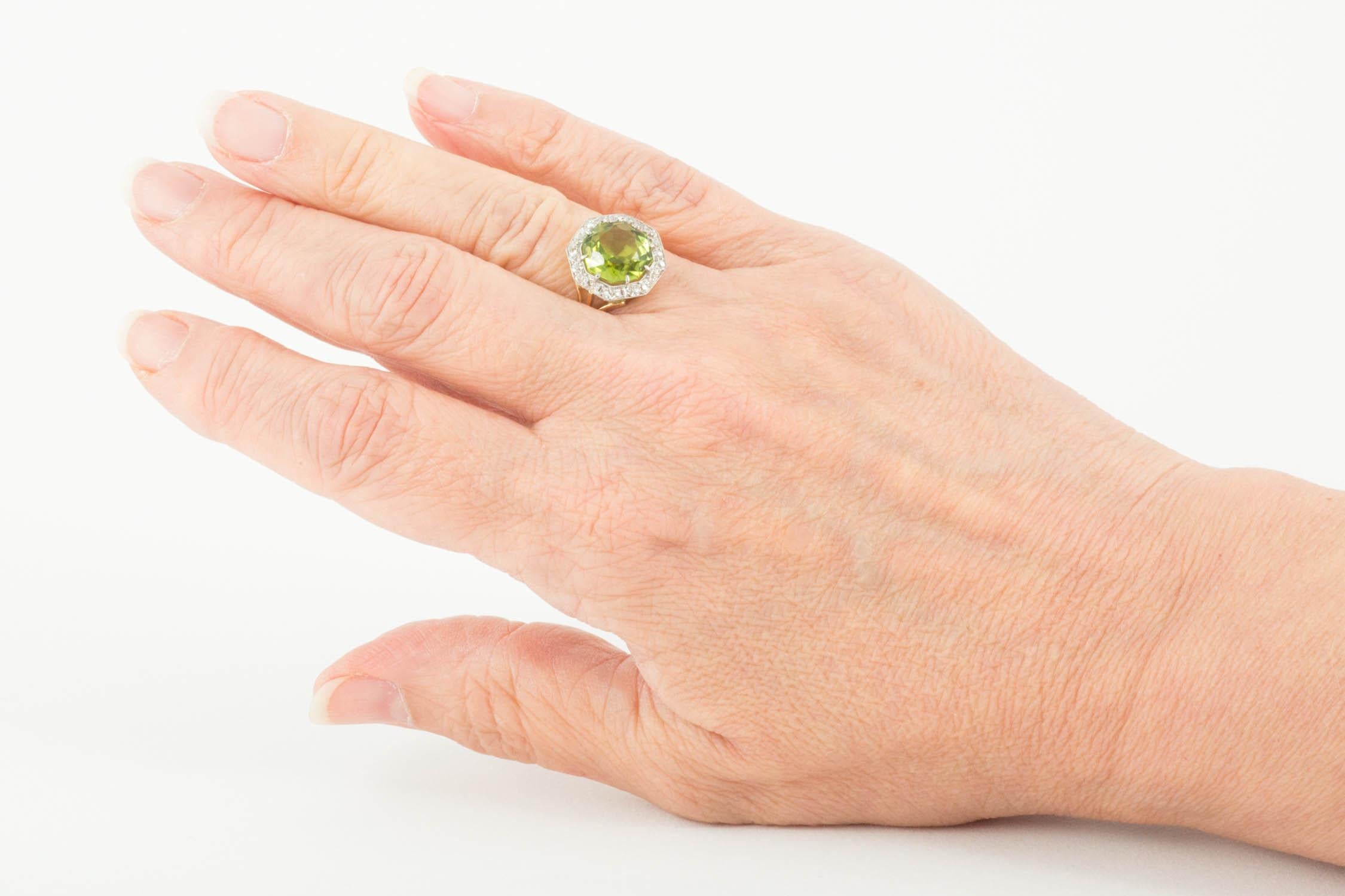 Women's Octagonal Peridot and Diamond Cluster Ring For Sale