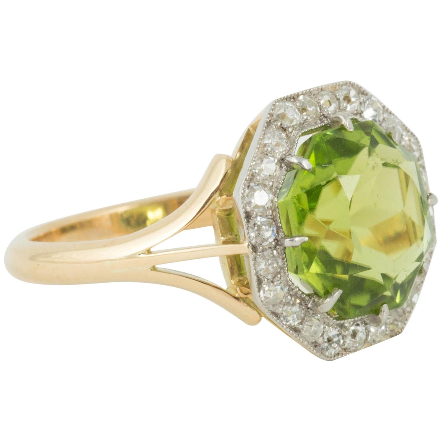 Octagonal Peridot and Diamond Cluster Ring For Sale